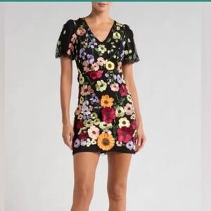 Adelyn Rae Black Multi Floral Embroidered Puff Sleeve V Neck Mini Dress Size S